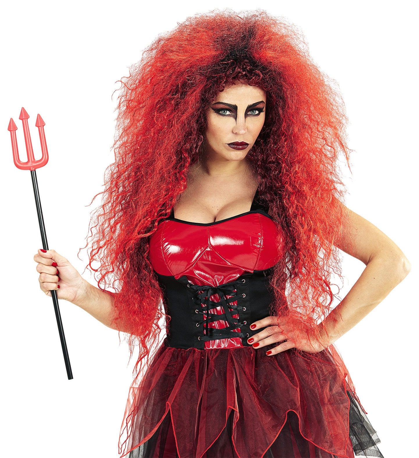 Schwarz-rote Damenperücke mit wilden, stufigen Haaren aus Kunsthaar für Teufelslook