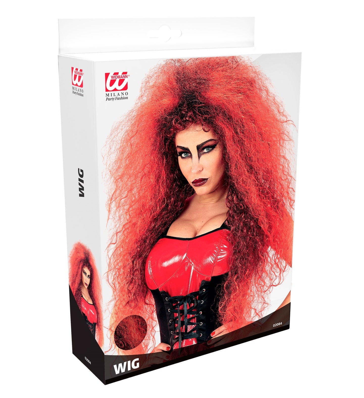 Schwarz-rote Damenperücke aus Kunsthaar mit verstellbarem Innenbereich für sicheren Sitz.