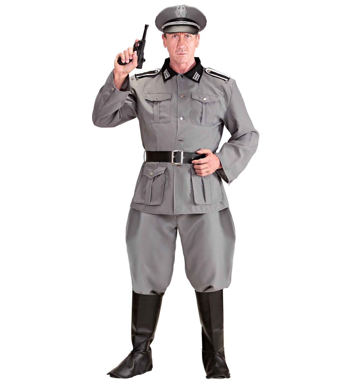 Man in field gray WW2 German soldier uniform holding a pistol, with peaked cap and boots.