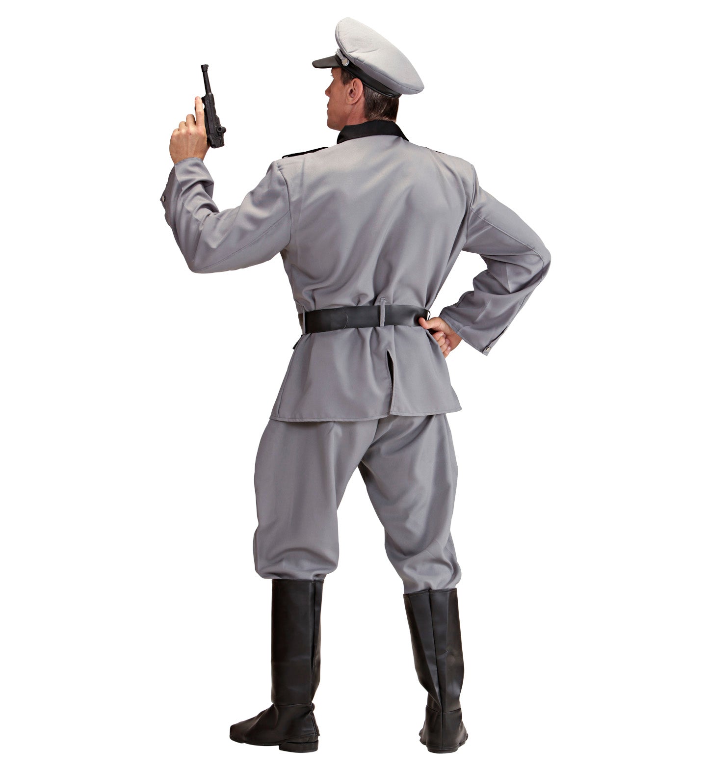 Rear view of man in field gray WW2 German soldier uniform holding a pistol.