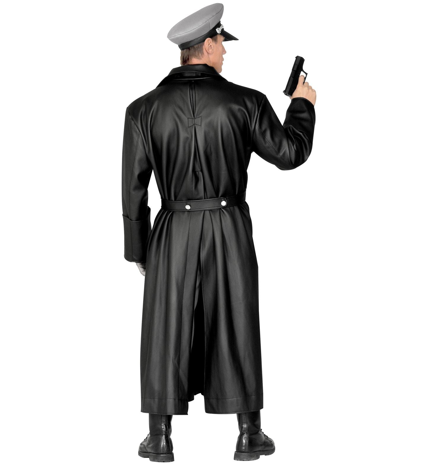 Rear view of a man in a black faux leather WW2 general's coat, peaked cap, and boots, holding a pistol.