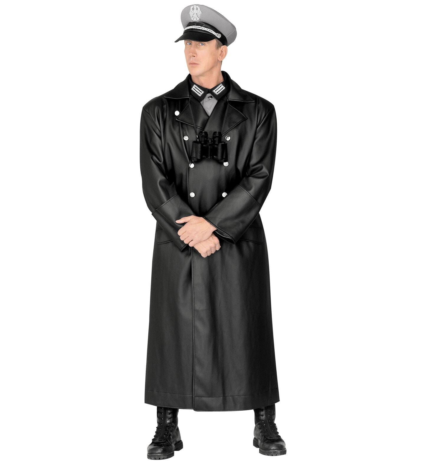 Man in black faux leather WW2 general's coat with peaked cap and binoculars.