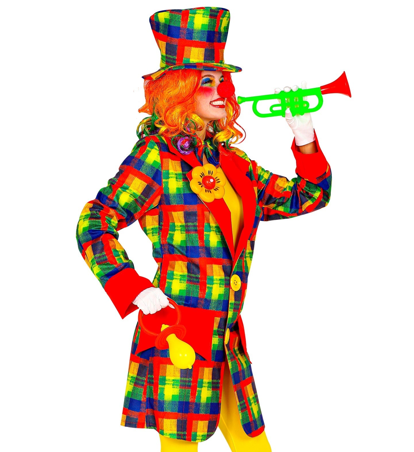 Bunter, gestreifter Clown-Mantel aus Satin für Erwachsene, ideal für Karneval und Partys.