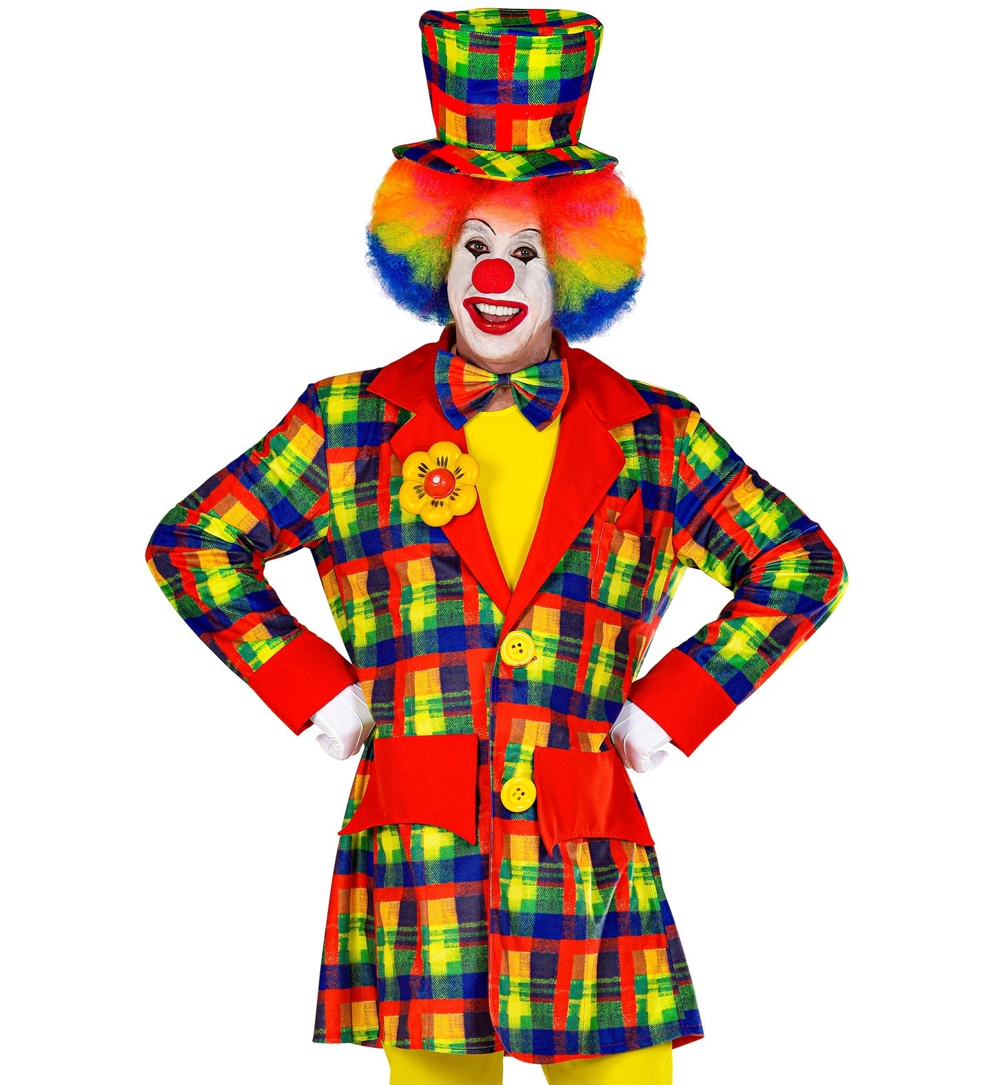 Bunter, gestreifter Clown-Mantel aus Satin für Erwachsene mit kurzem Schnitt und Bewegungsfreiheit.