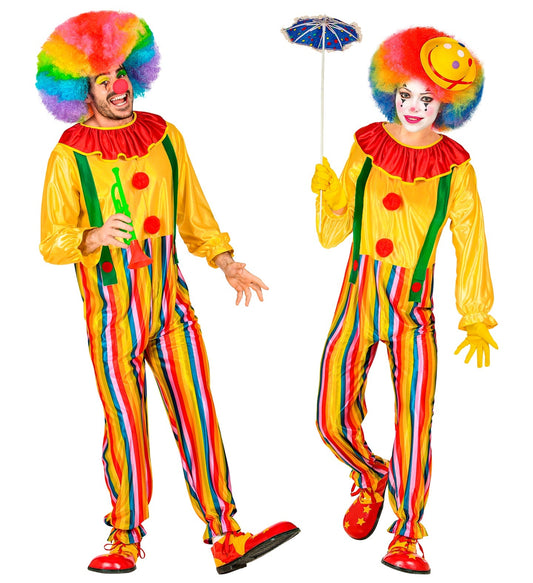 Two men in colorful Widmann Zirkus Clown costumes with rainbow wigs, suspenders, and one holding a parasol.
