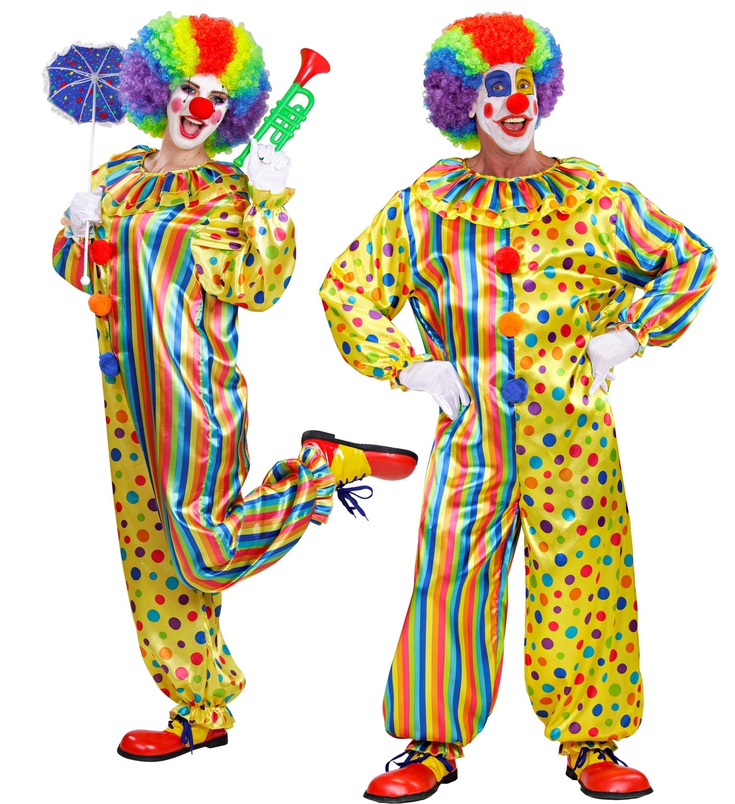 Two clowns in colorful striped and polka-dotted jumpsuits holding umbrellas and horns.