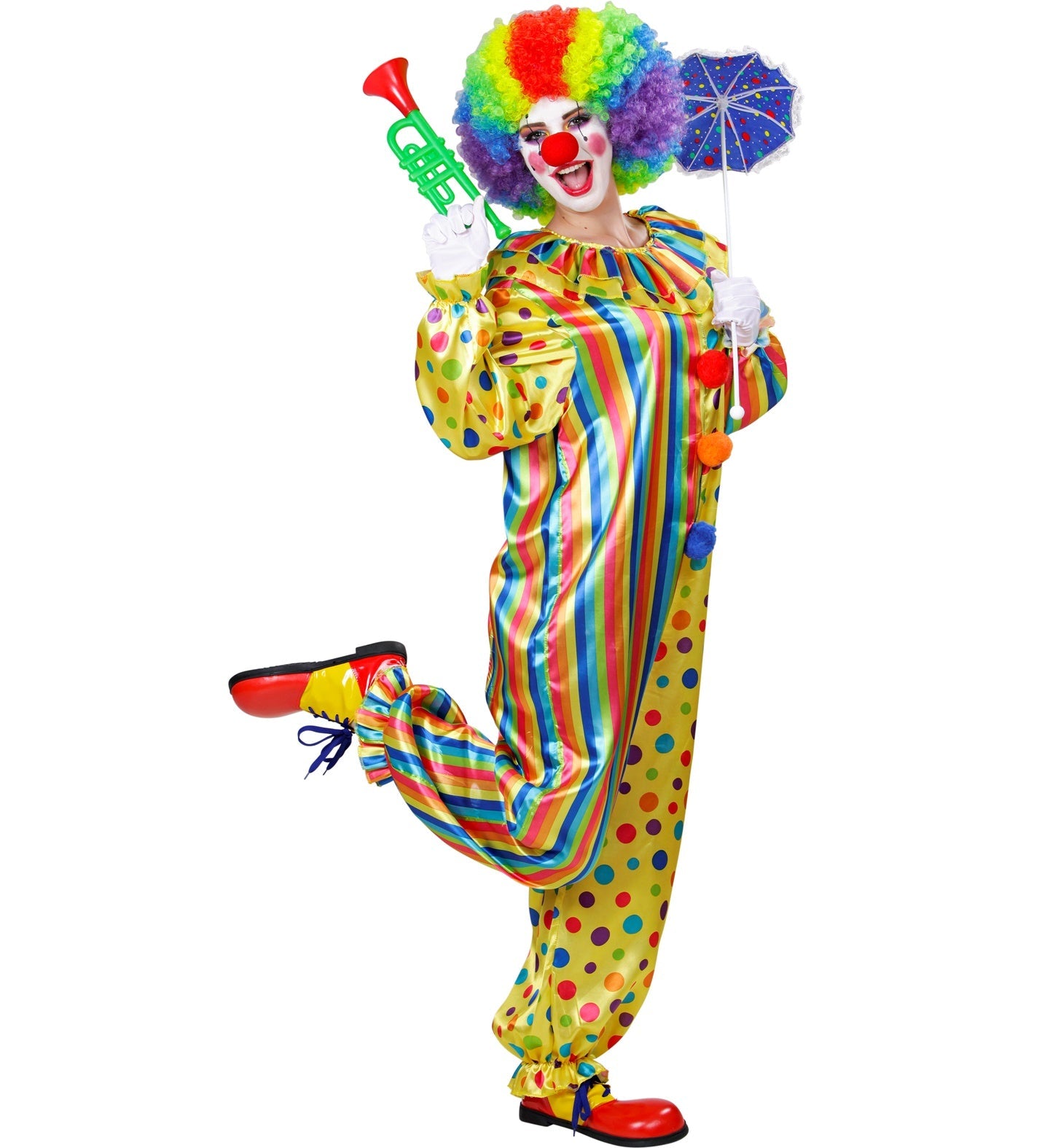 Colorful clown jumpsuit with ruffled collar, holding horn and umbrella.