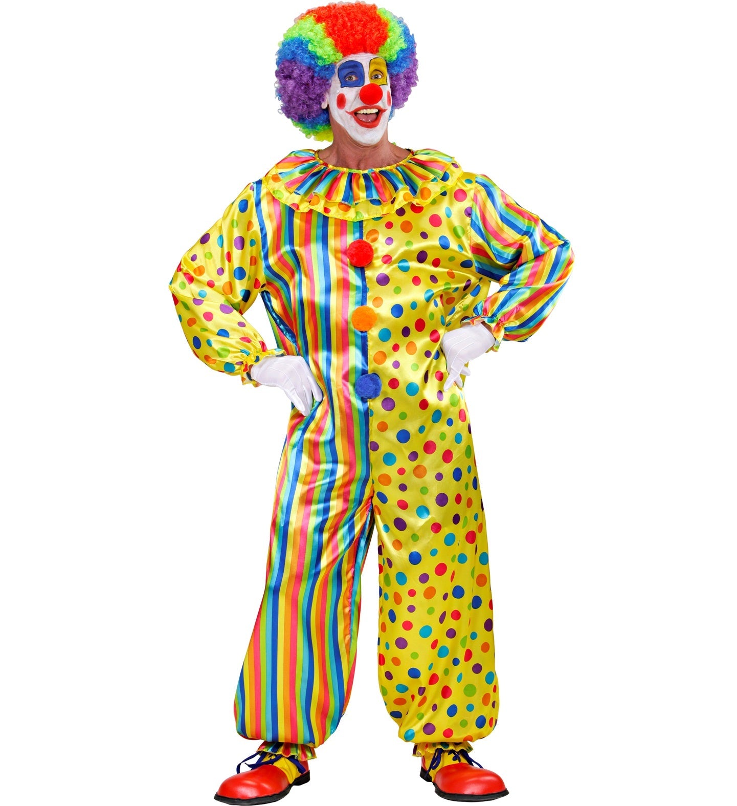 A colorful clown jumpsuit costume with striped and polka-dot patterns for men and women.