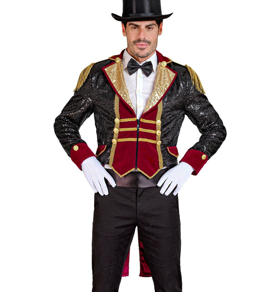 Man in black, red, and gold circus director tailcoat costume with top hat and gloves.