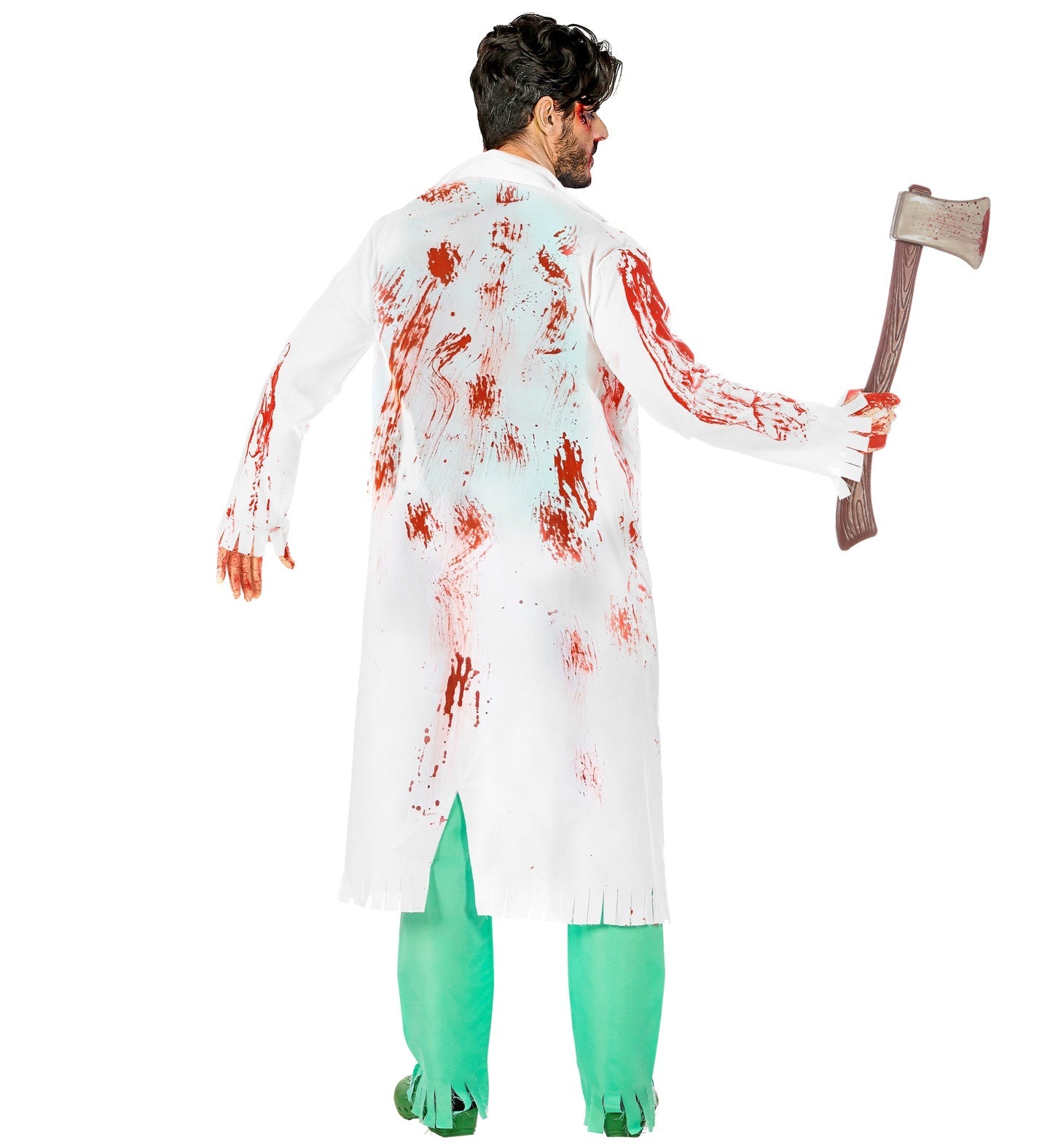 Grün-weißer Laborkittel mit realistischer Wunde und blutbespritzten Handschuhen für Herren.