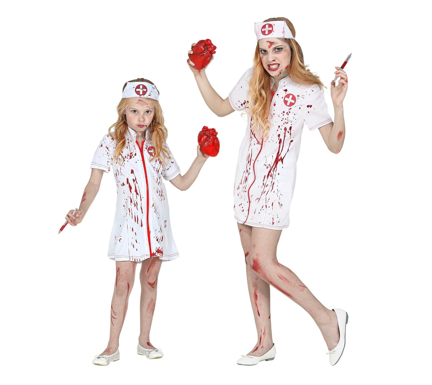 Kinderkostüm Zombie Krankenschwester in Rot und Weiß mit blutverschmiertem Schürzenkleid