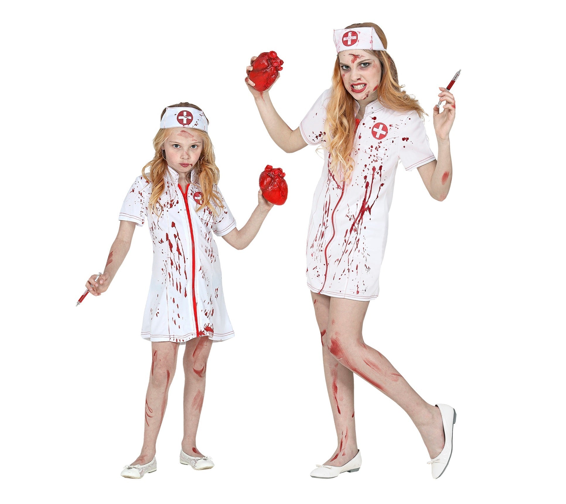 Kinderkostüm Zombie Krankenschwester in Rot und Weiß mit blutverschmiertem Schürzenkleid