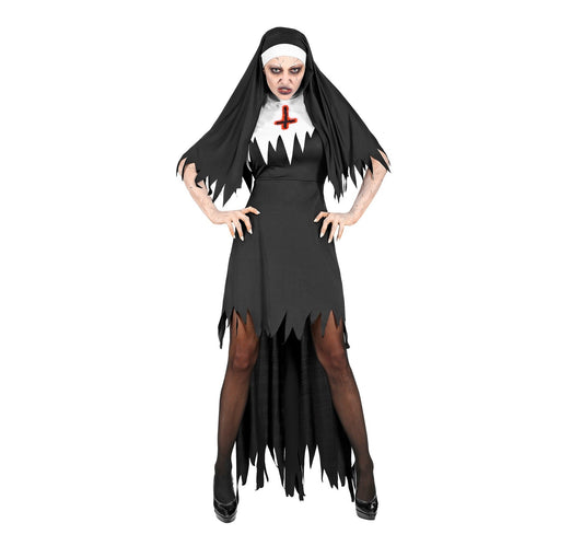 Schwarzes und weißes Zombie Nonnenkostüm mit zerrissenen Kanten und Kapuze.