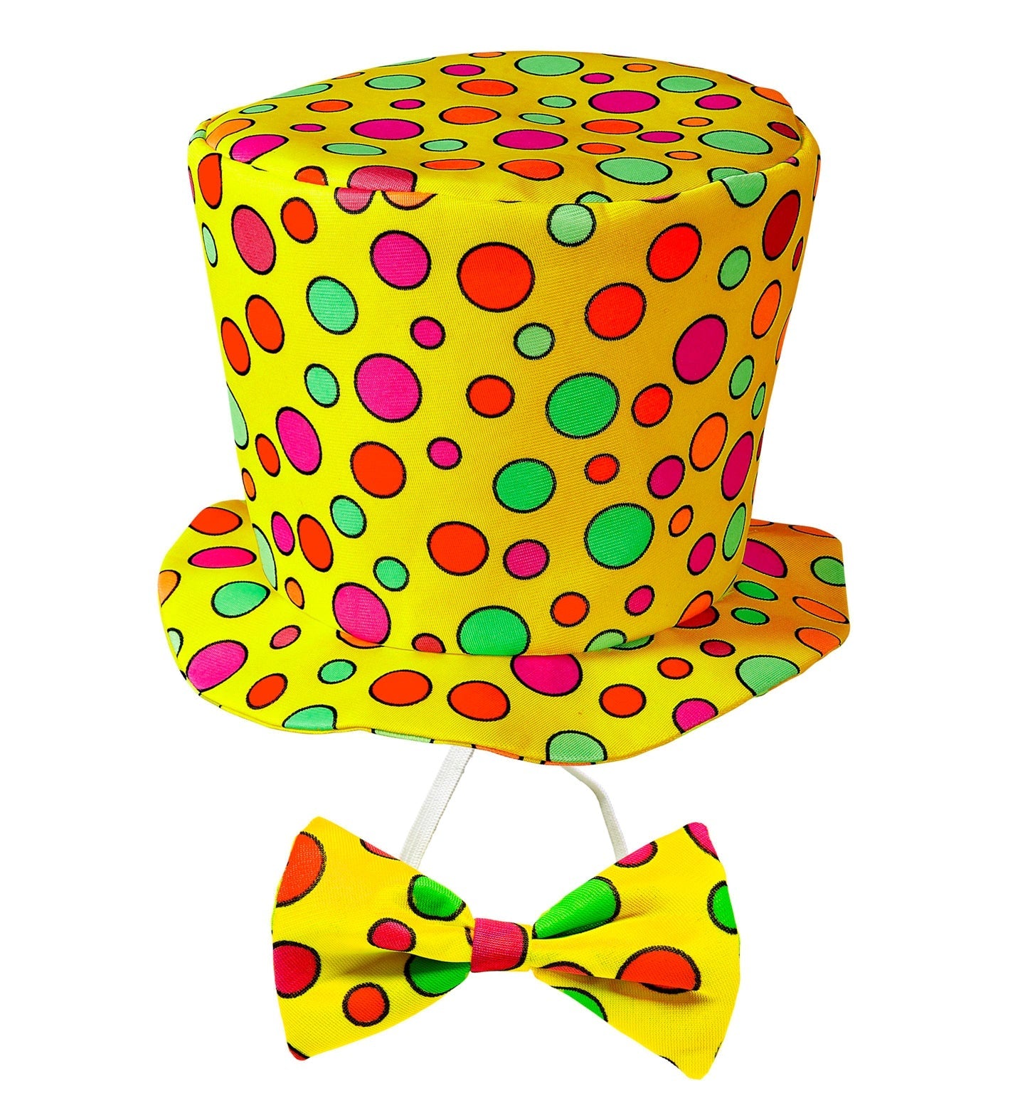 Yellow clown top hat and bow tie set with multicolored polka dots for kids.