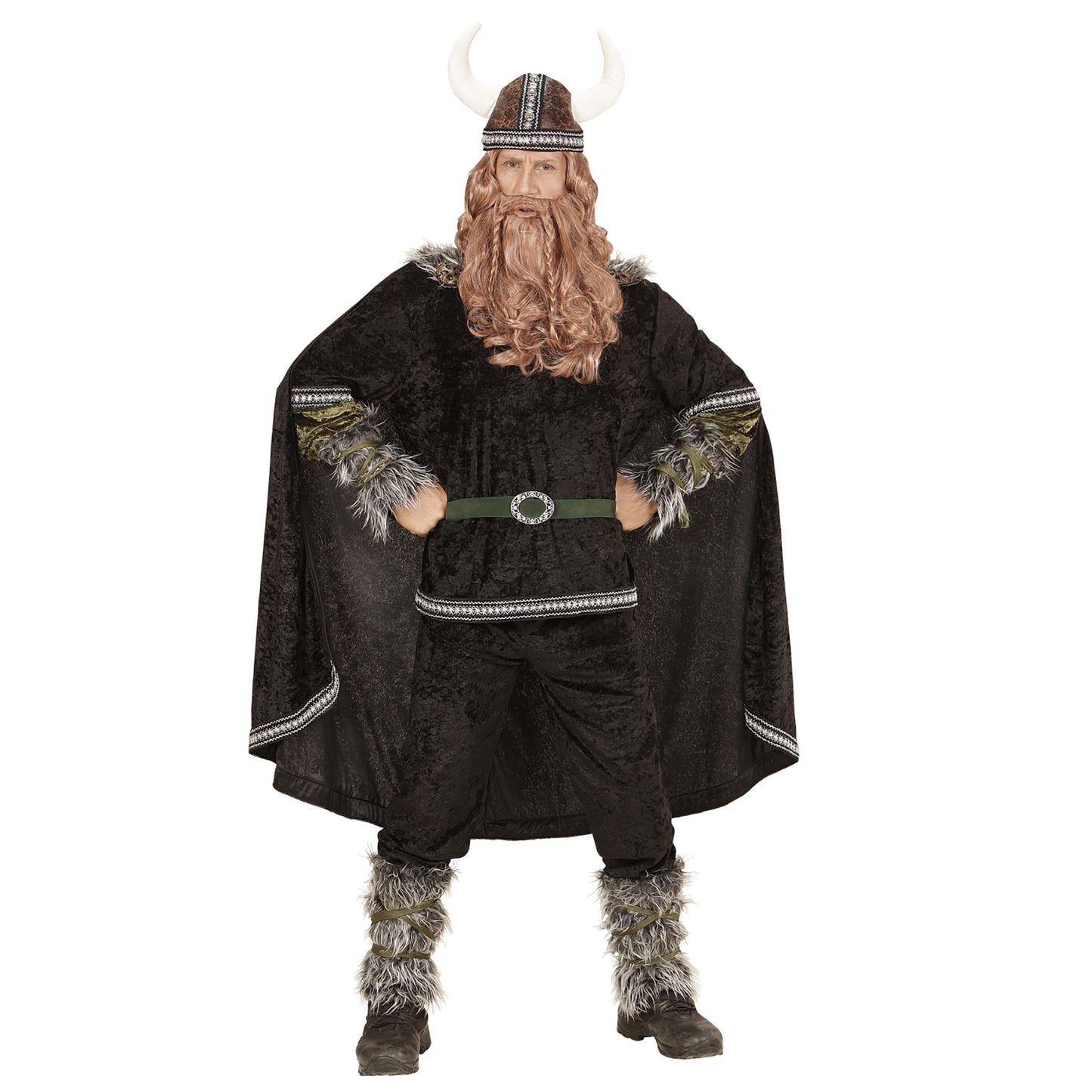 "WIKINGER" (Oberteil, Hose, Gürtel, Armstulpen, Beinstulpen, Umhang, Helm) – Vorderansicht