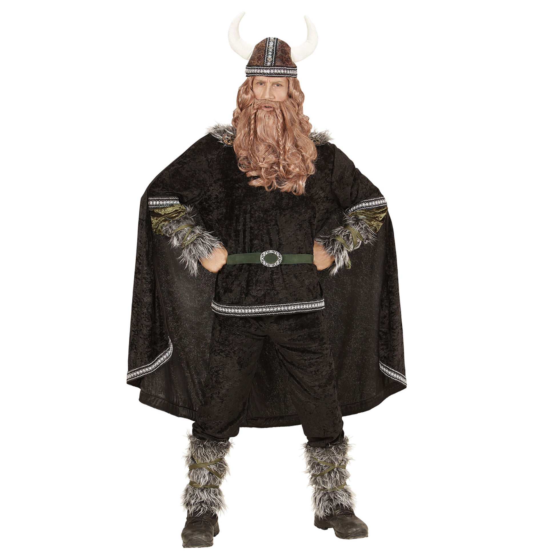 "WIKINGER" (Oberteil, Hose, Gürtel, Armstulpen, Beinstulpen, Umhang, Helm) – Vorderansicht