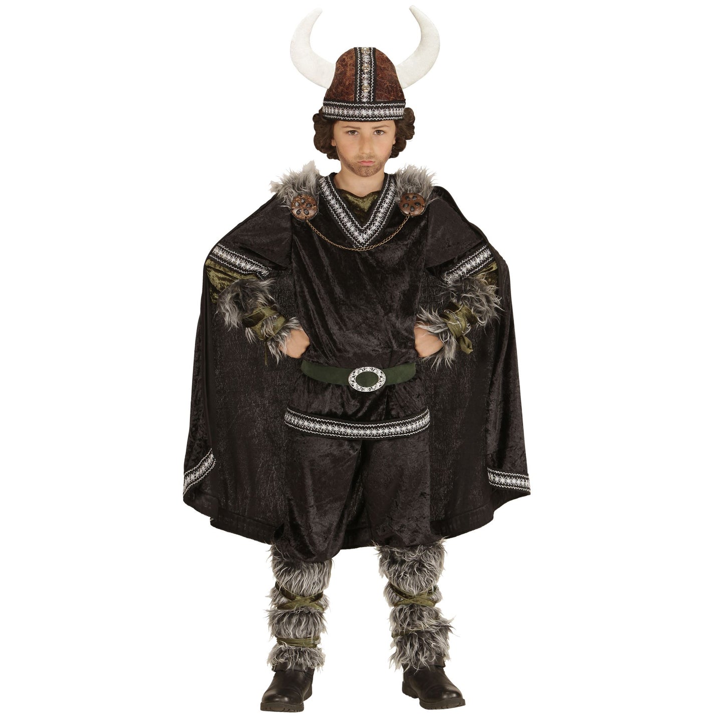 "WIKINGER" (Oberteil, Hose, Gürtel, Armstulpen, Beinstulpen, Umhang, Helm) – Vorderansicht