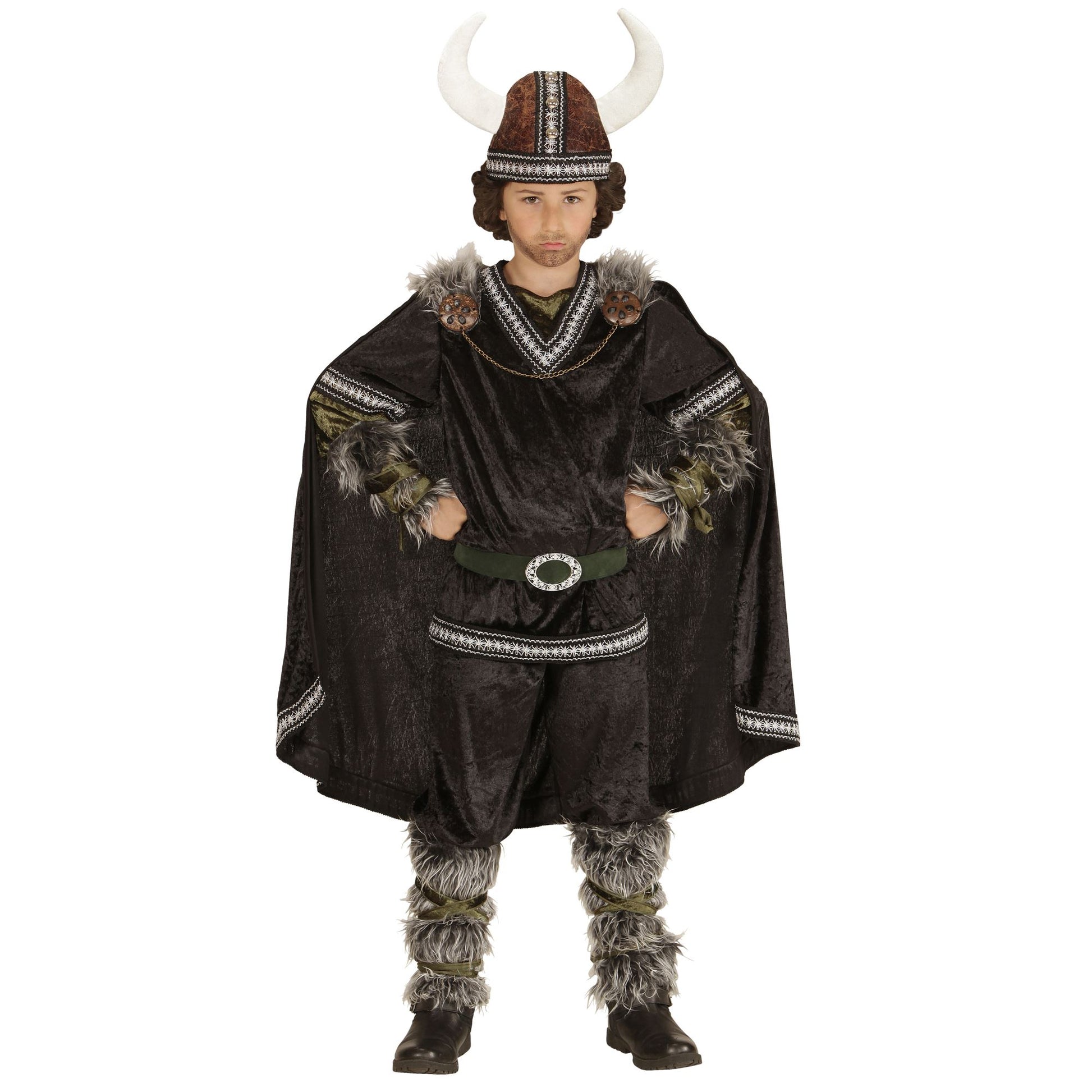"WIKINGER" (Oberteil, Hose, Gürtel, Armstulpen, Beinstulpen, Umhang, Helm) – Vorderansicht