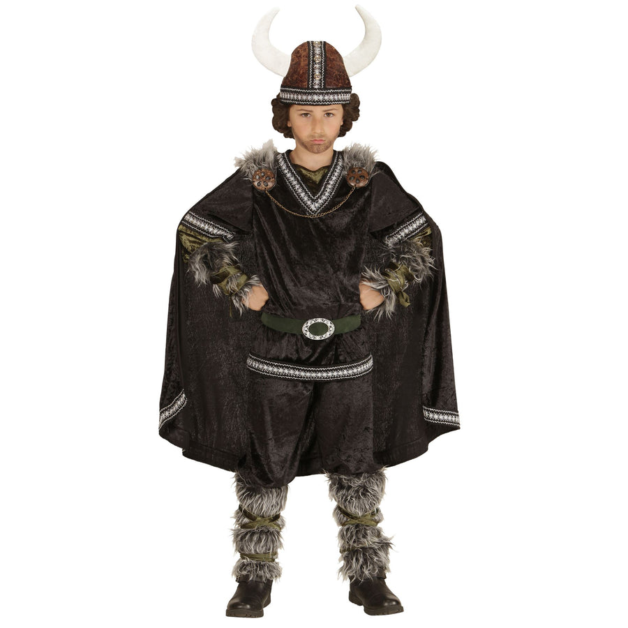 "WIKINGER" (Oberteil, Hose, Gürtel, Armstulpen, Beinstulpen, Umhang, Helm) – Vorderansicht