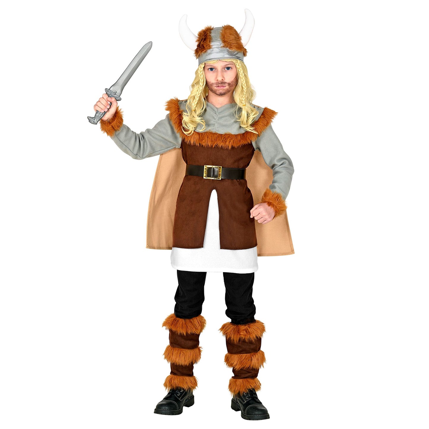 "WIKINGER" (Tunika mit Gürtel und Umhang, Beinstulpen, Helm) – Detailansicht