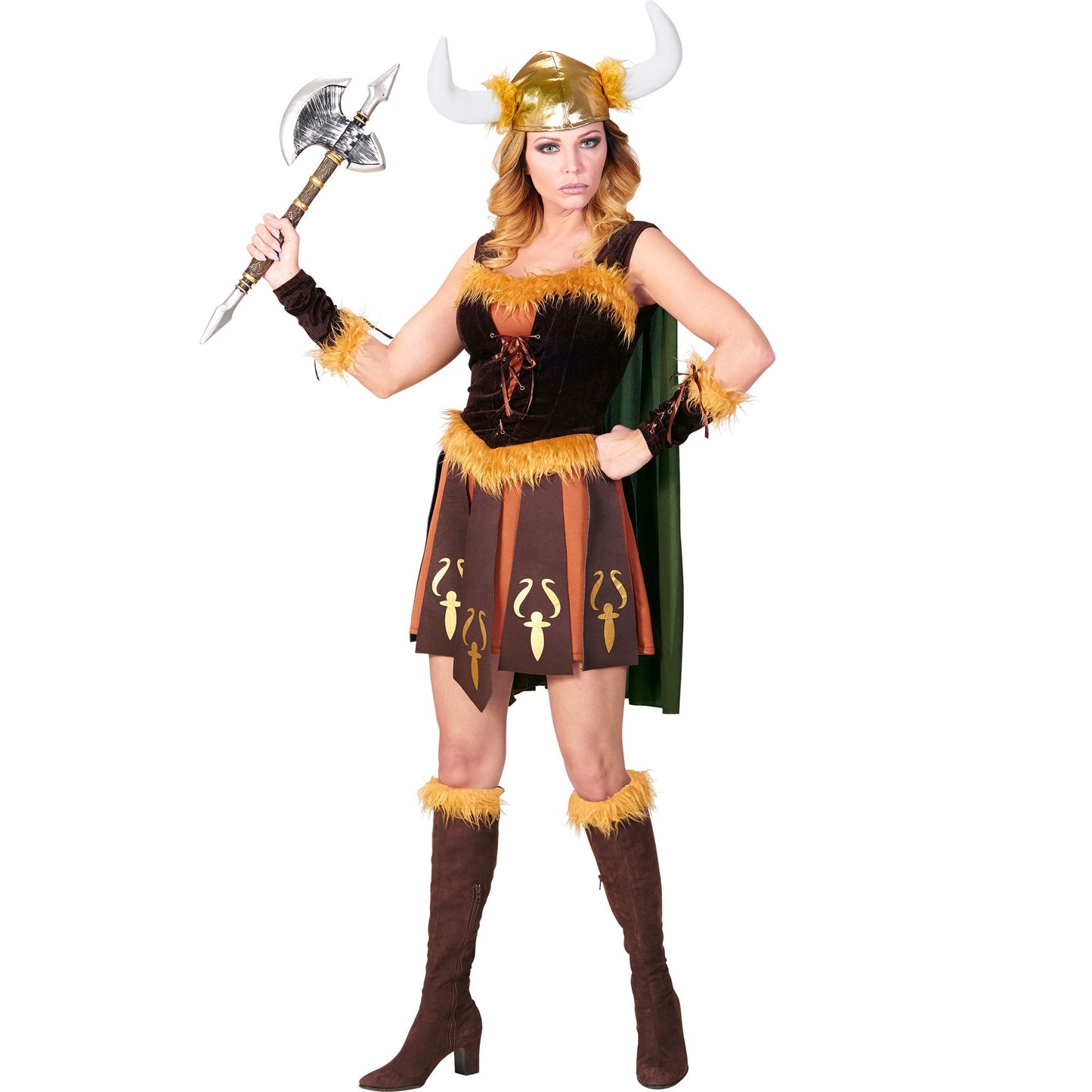 "WIKINGERIN" (Kleid mit Umhang, Armstulpen, Helm) – Vorderansicht