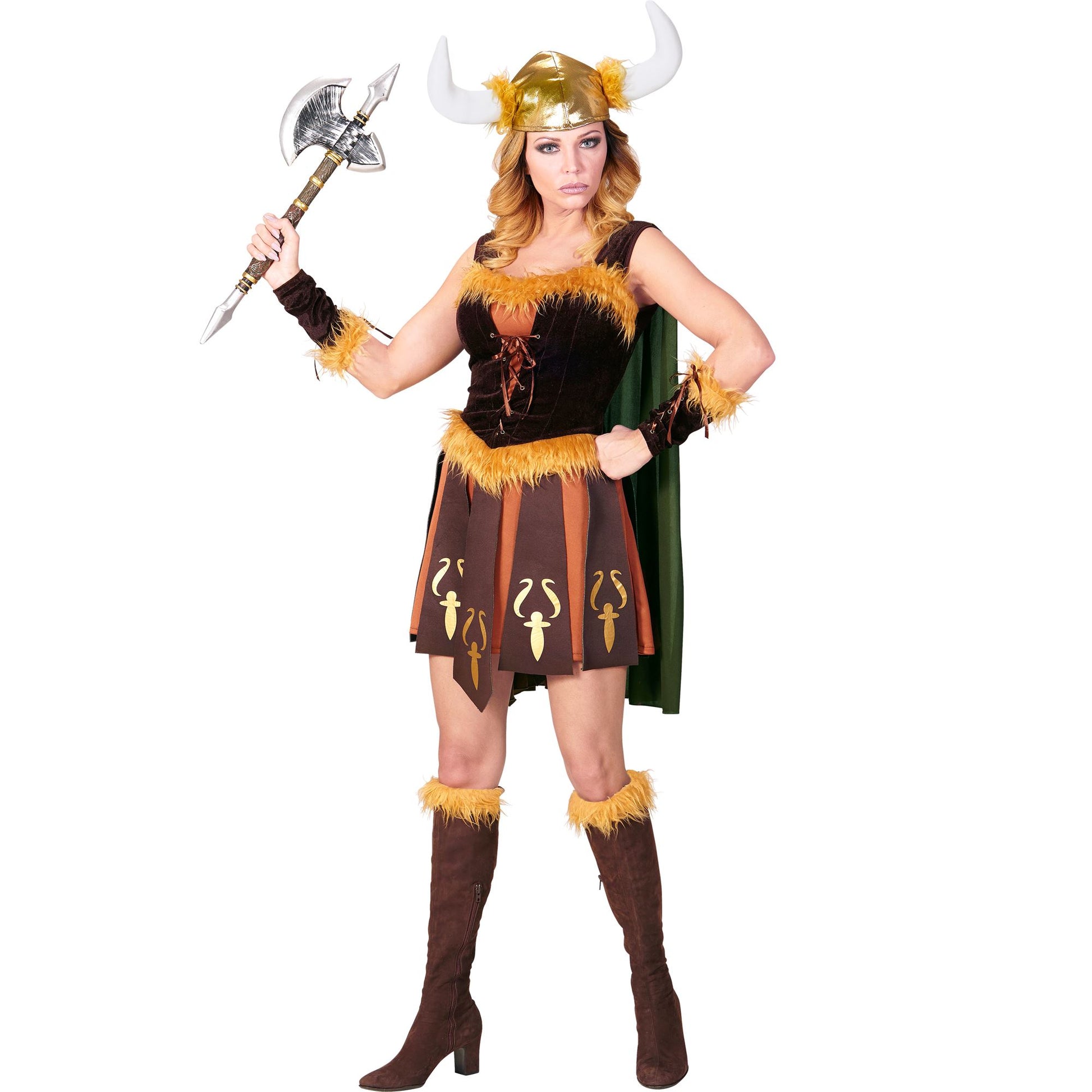 "WIKINGERIN" (Kleid mit Umhang, Armstulpen, Helm) – Vorderansicht