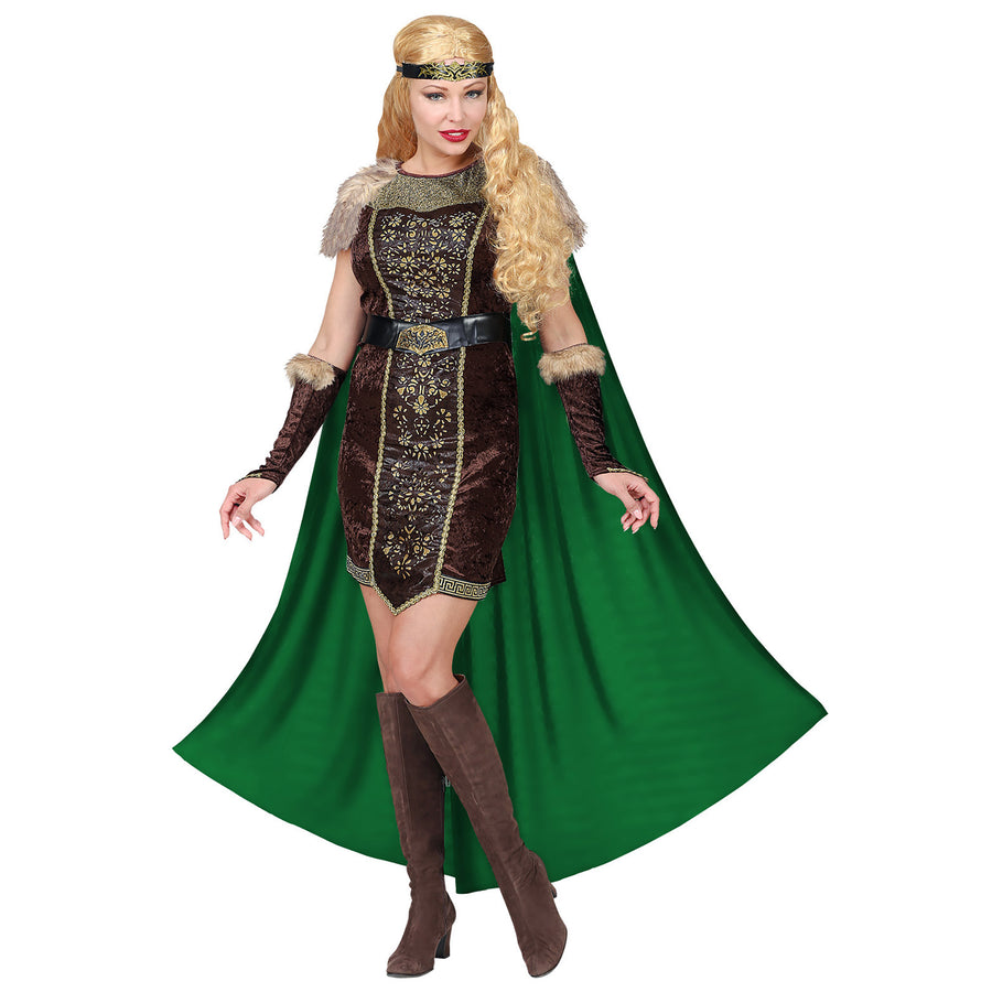 "WIKINGERIN" (Kleid mit Umhang, Gürtel, Armstulpen, Stirnband) – Vorderansicht