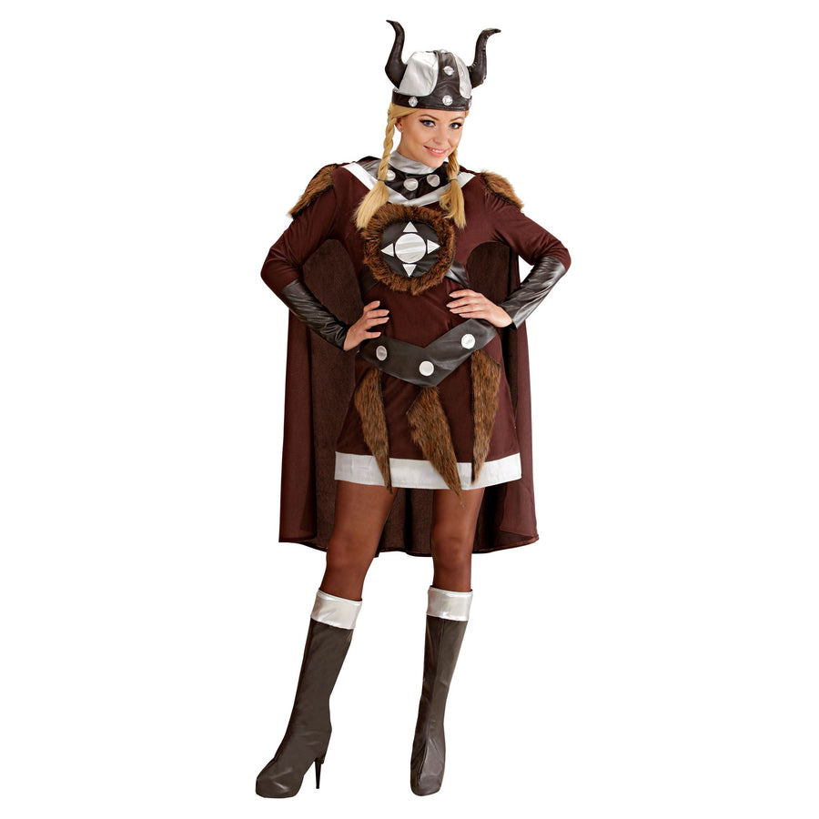 "WIKINGERIN VIKTORIA" (Kleid, Gürtel, Helm, Stiefelüberzieher, Umhang) – Vorderansicht