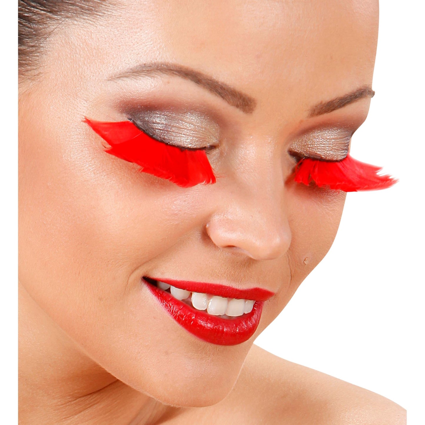 "WIMPERN AUS ROTEN FEDERN" in Box mit Klebstoff in Glassflasche – Detailansicht