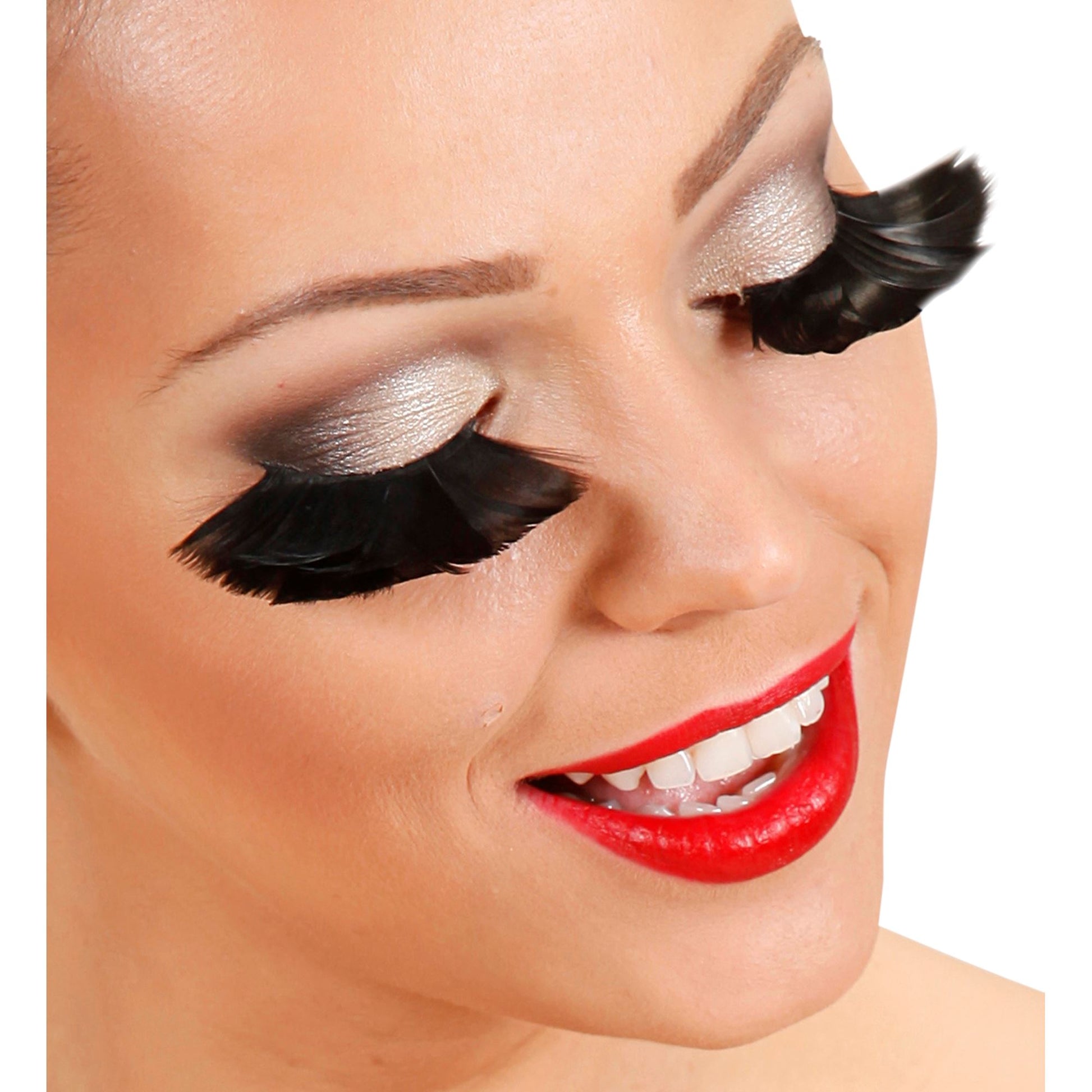 "WIMPERN AUS SCHWARZEN FEDERN" in Box mit Klebstoff in Glassflasche – Detailansicht