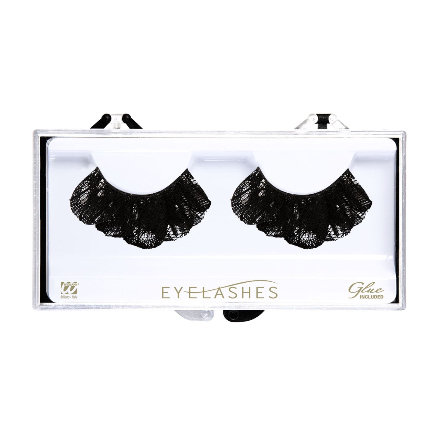 "WIMPERN AUS SPITZE SCHWARZ" in Box mit Klebstoff in Glasflasche – Vorderansicht