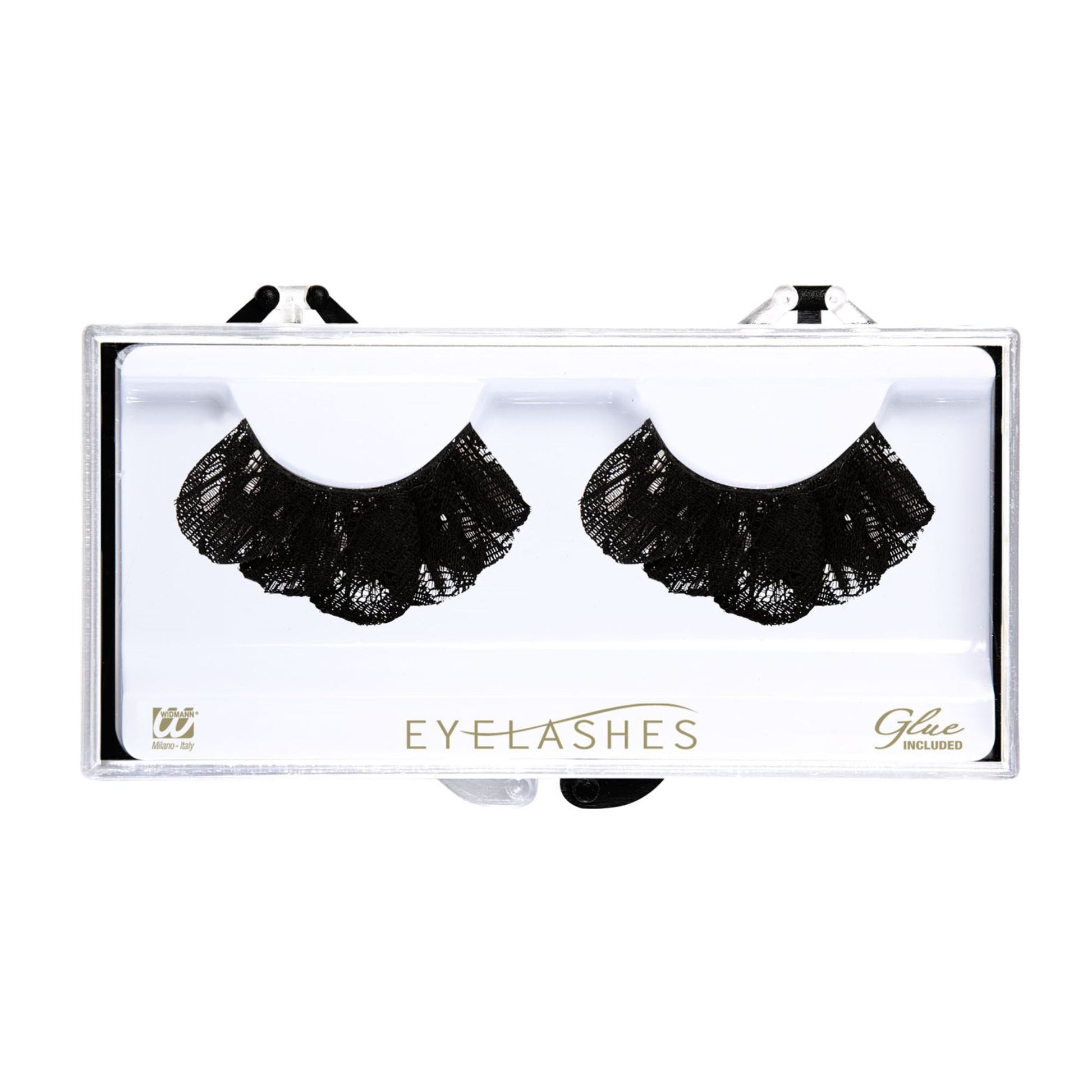 "WIMPERN AUS SPITZE SCHWARZ" in Box mit Klebstoff in Glasflasche – Vorderansicht