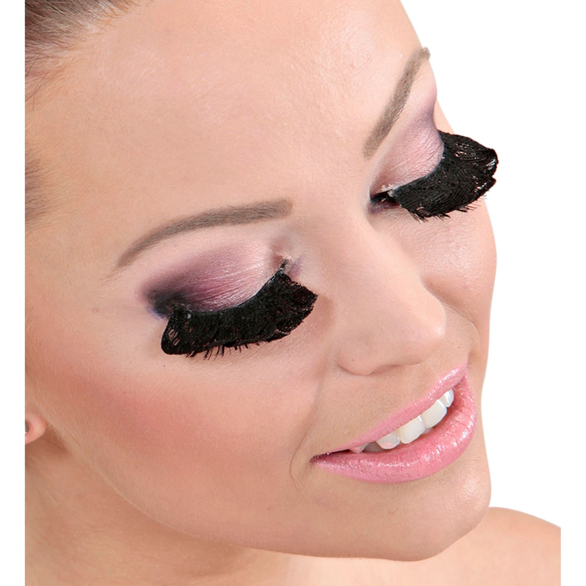 "WIMPERN AUS SPITZE SCHWARZ" in Box mit Klebstoff in Glasflasche – Detailansicht