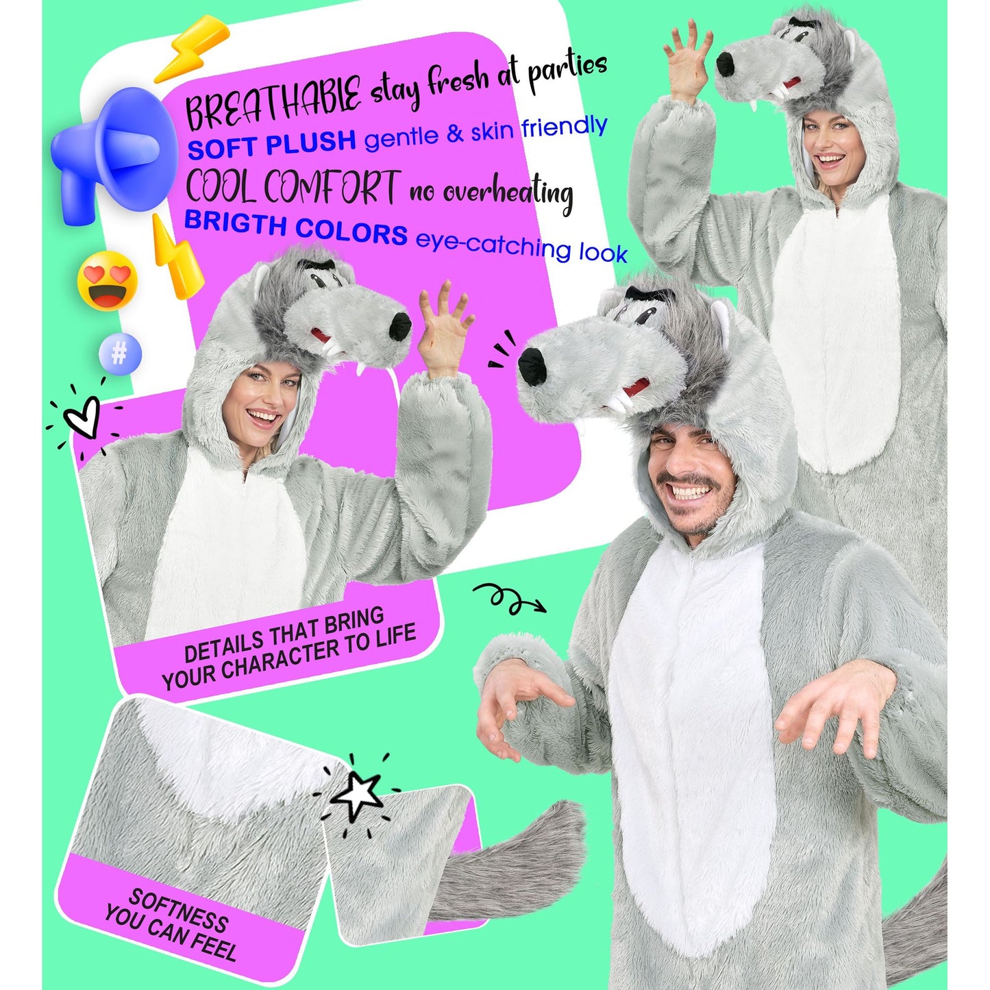 "WOLF EXTRA WEICHES PLÜSCHKOSTÜM" (Overall mit Kapuze) – Ansicht 7
