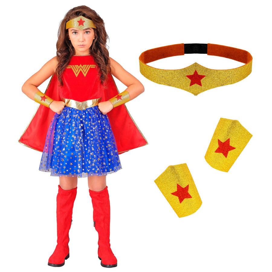"WONDER GIRL" (Kleid mit Umhang, Stirnband, Armstulpen) – Detailansicht