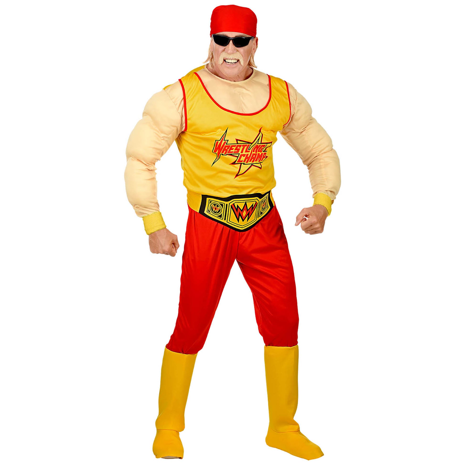 "WRESTLING CHAMP" (Muskel Overall, Gürtel, Stiefelüberzieher, Bandana) – Detailansicht