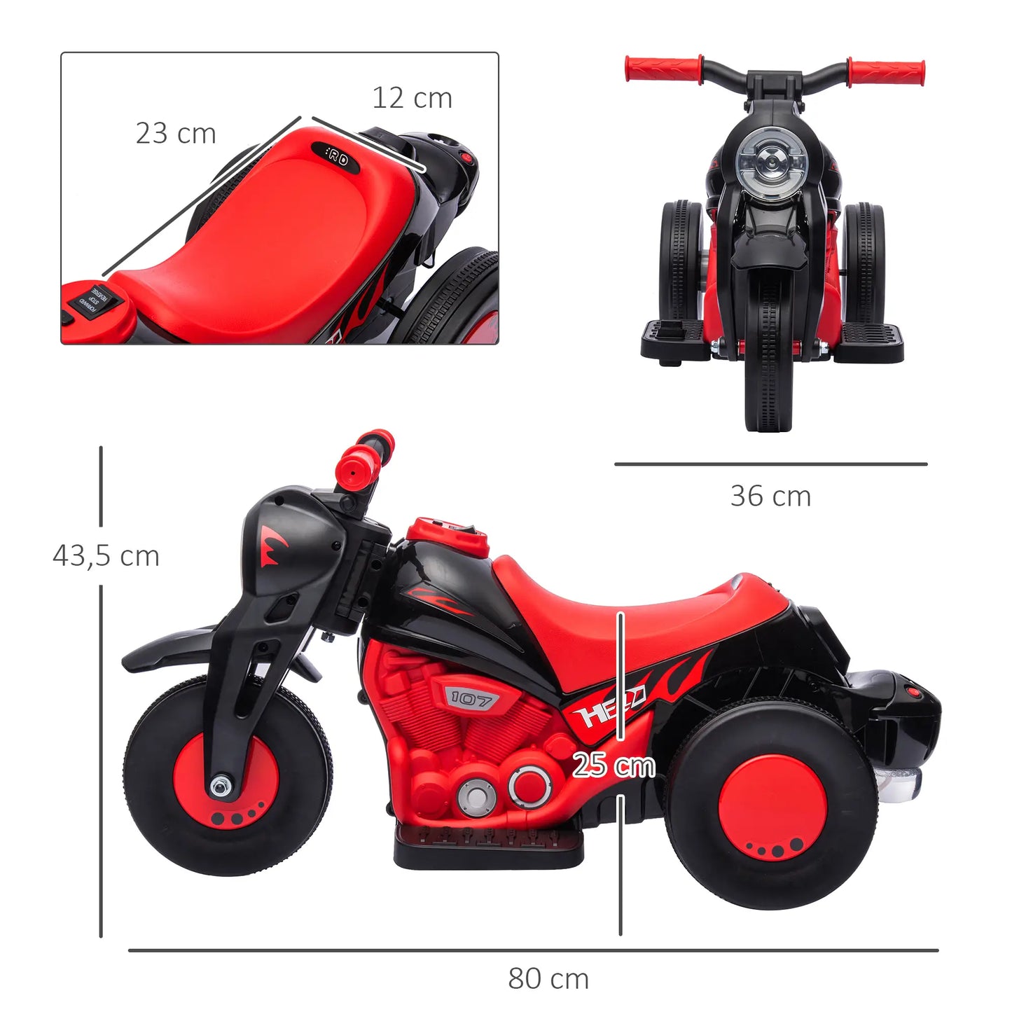 Kinder Elektro-Motorrad in Rot und Schwarz mit Musik- und Seifenblasenfunktion.