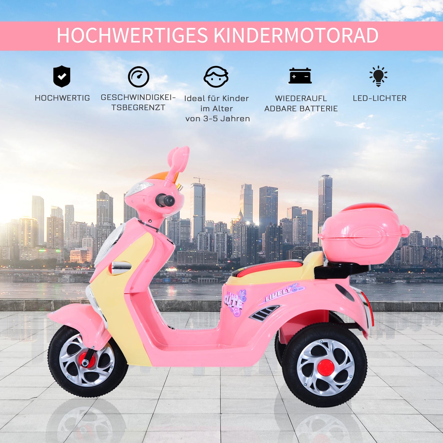 HOMCOM Kinder Elektromotorrad Dreirad – 6V Elektrofahrzeug Rosa-Gelb - Fasnacht24.ch