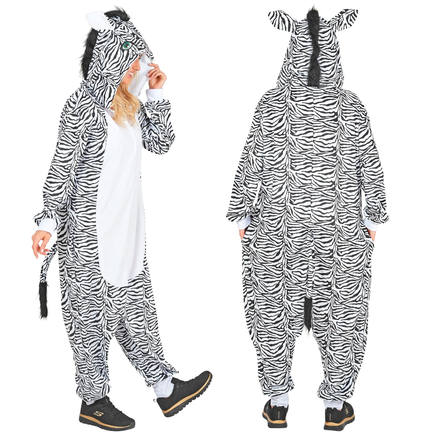 Widmann Plüsch Zebra Kostüm Onesie mit Kapuze in Weiss – Detailansicht
