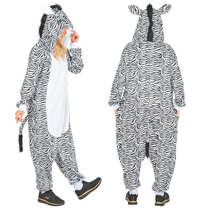 Widmann Plüsch Zebra Kostüm Onesie mit Kapuze in Weiss – Detailansicht