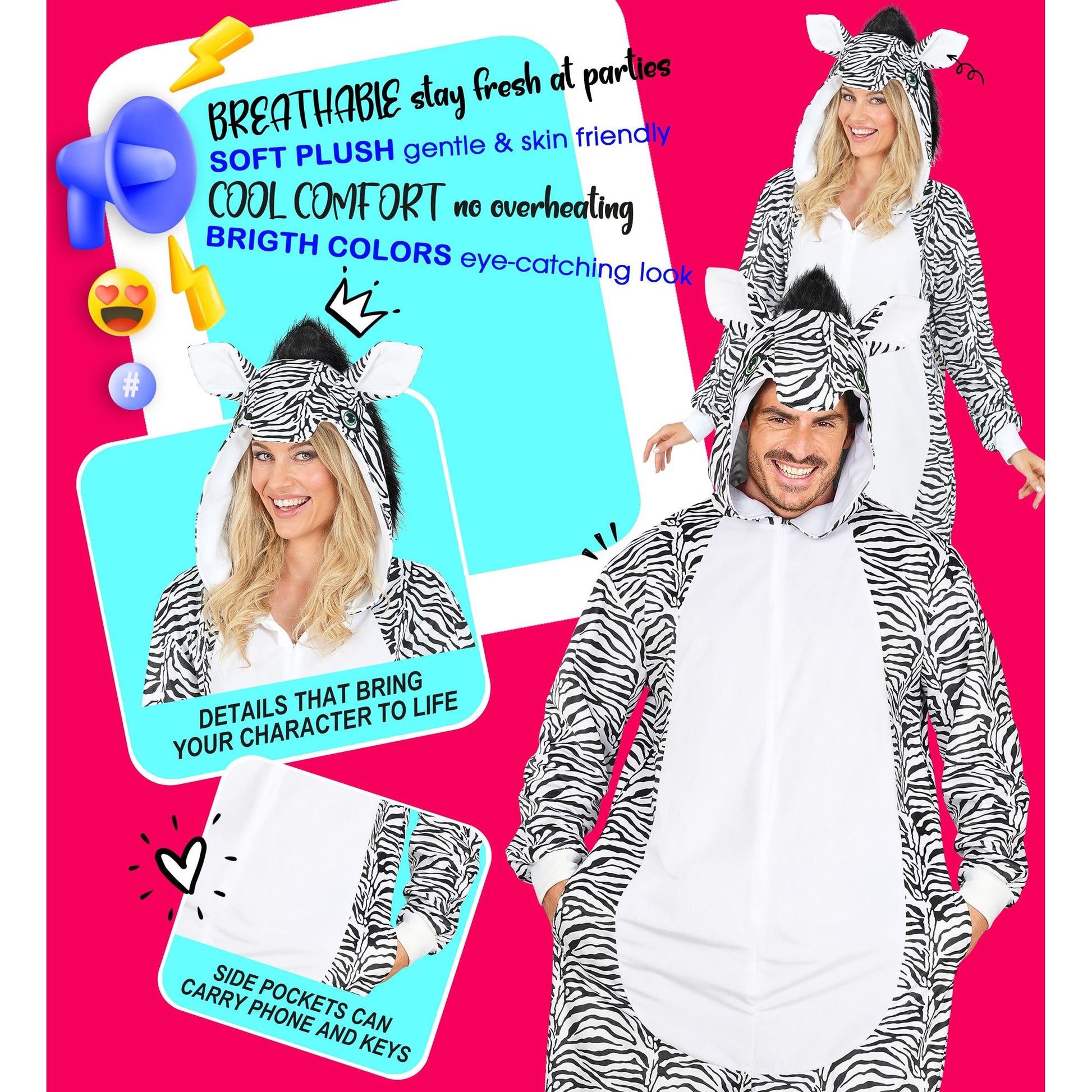 Widmann Plüsch Zebra Kostüm Onesie mit Kapuze in Weiss – Anwendungsansicht