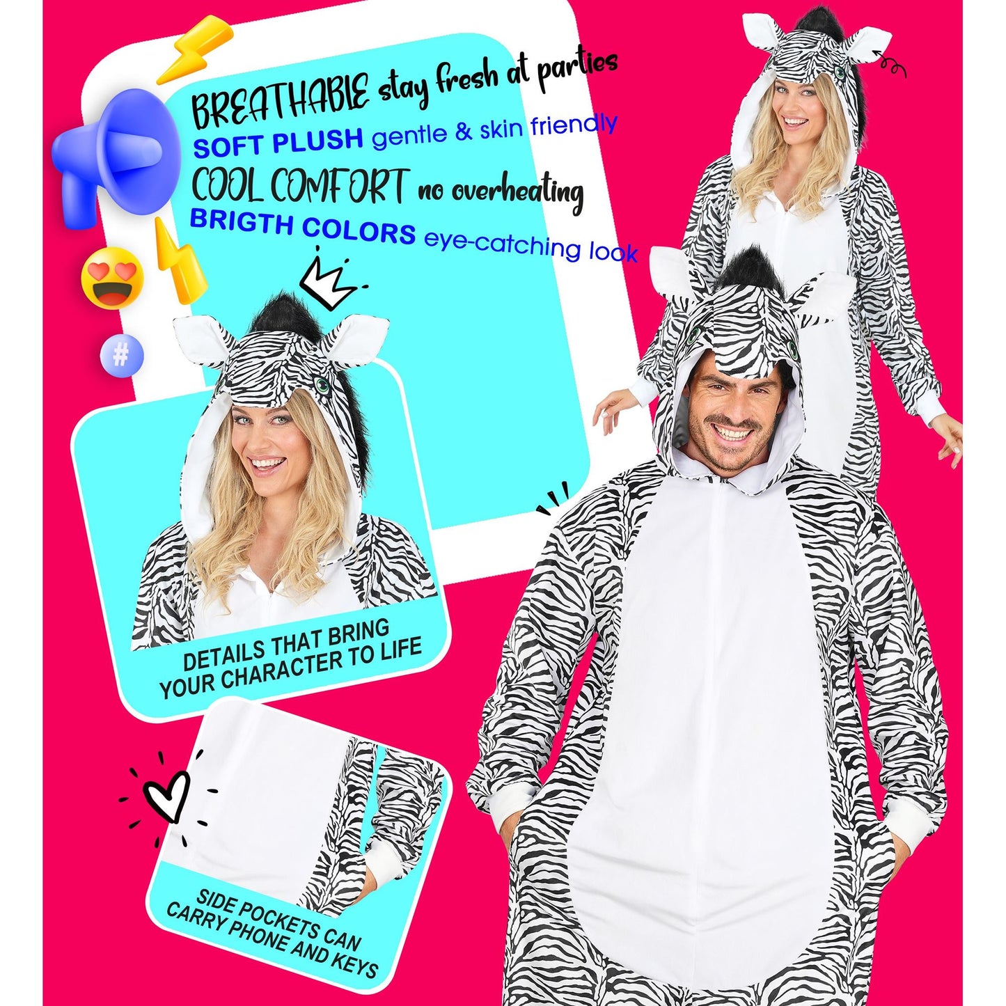 Widmann Plüsch Zebra Kostüm Onesie mit Kapuze in Weiss – Ansicht 7