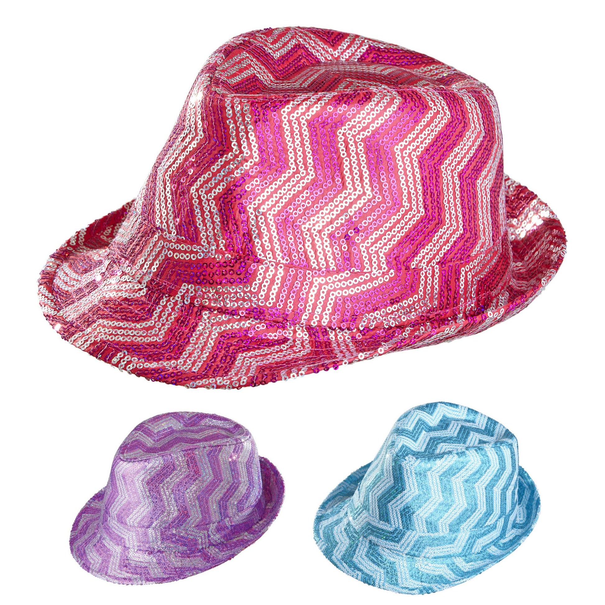"ZICKZACK PAILLETTEN FEDORA" in 3 Farben sortiert (4 rosa, 4 violett, 4 türkis) – Vorderansicht