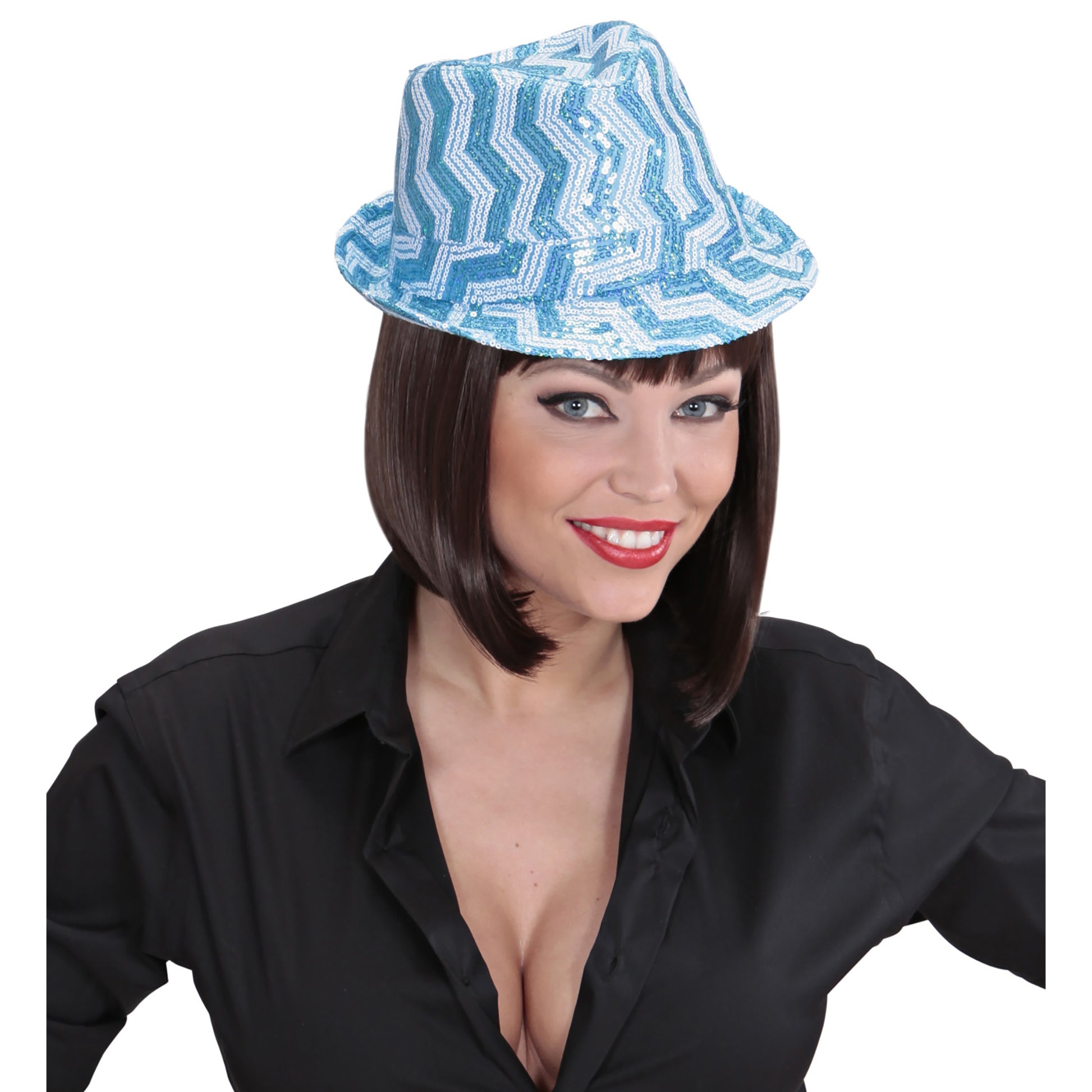 "ZICKZACK PAILLETTEN FEDORA" in 3 Farben sortiert (4 rosa, 4 violett, 4 türkis) – Detailansicht
