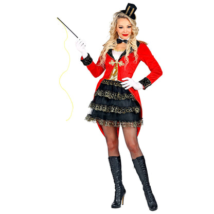 "ZIRKUSDIREKTORIN" (Frack mit Tutukleid, Halsband mit Fliege, Mini-Zylinder, Handschuhe, Peitsche) – Vorderansicht