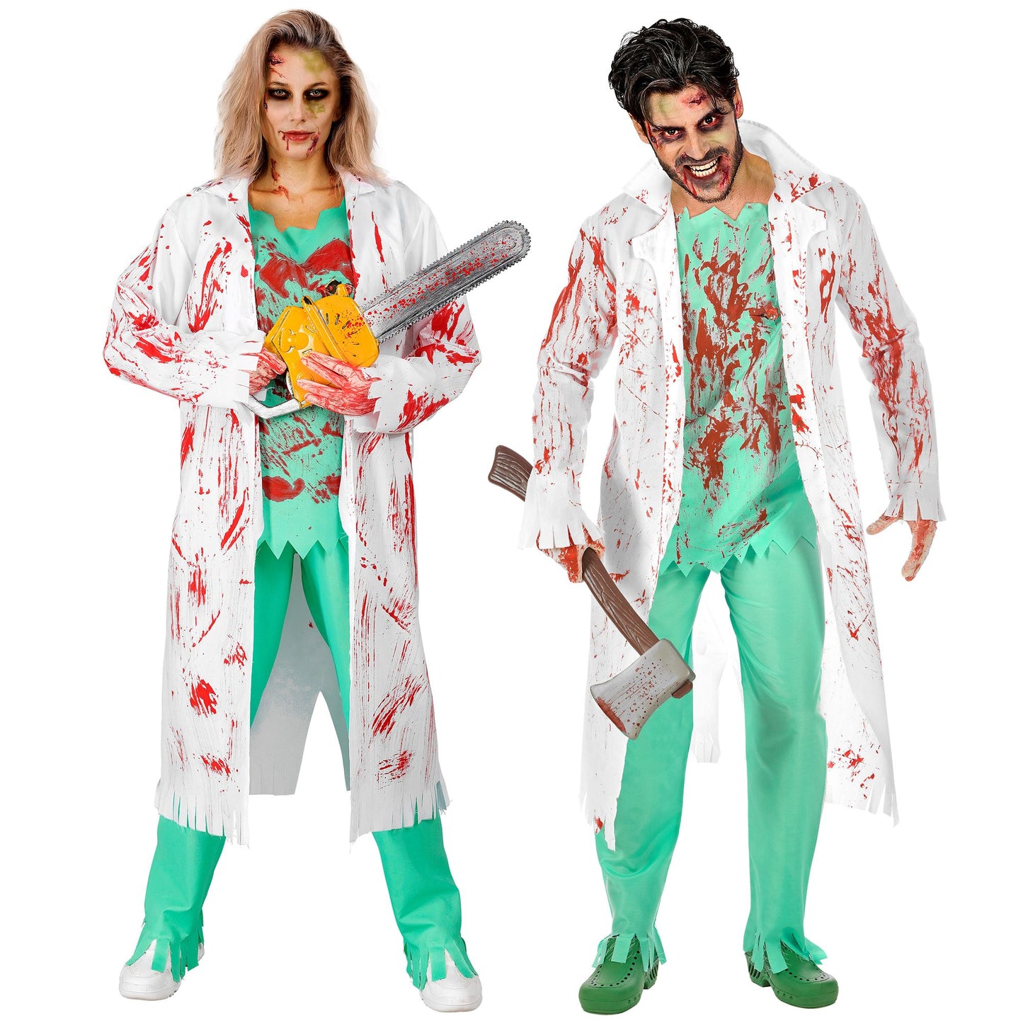 "ZOMBIE CHIRURG" (Laborkittel mit Hemd und Wunde, Hose, blutverschmierte Handschuhe) – Vorderansicht