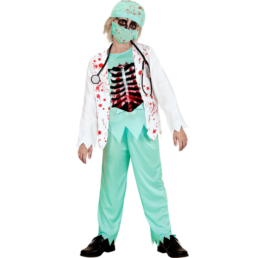 "ZOMBIE DOKTOR" (blutige Jacke mit Shirt & Rippen aus EVA, Hose, Hut, Halbmaske, Stethoskop) – Vorderansicht