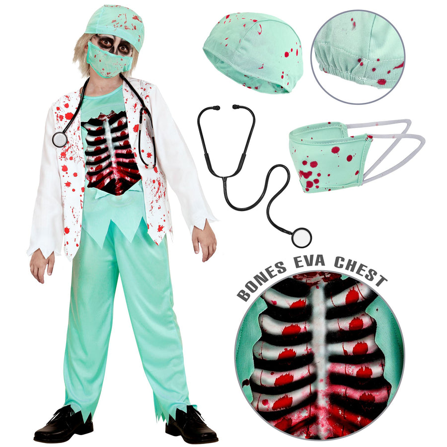 "ZOMBIE DOKTOR" (blutige Jacke mit Shirt & Rippen aus EVA, Hose, Hut, Halbmaske, Stethoskop) – Detailansicht