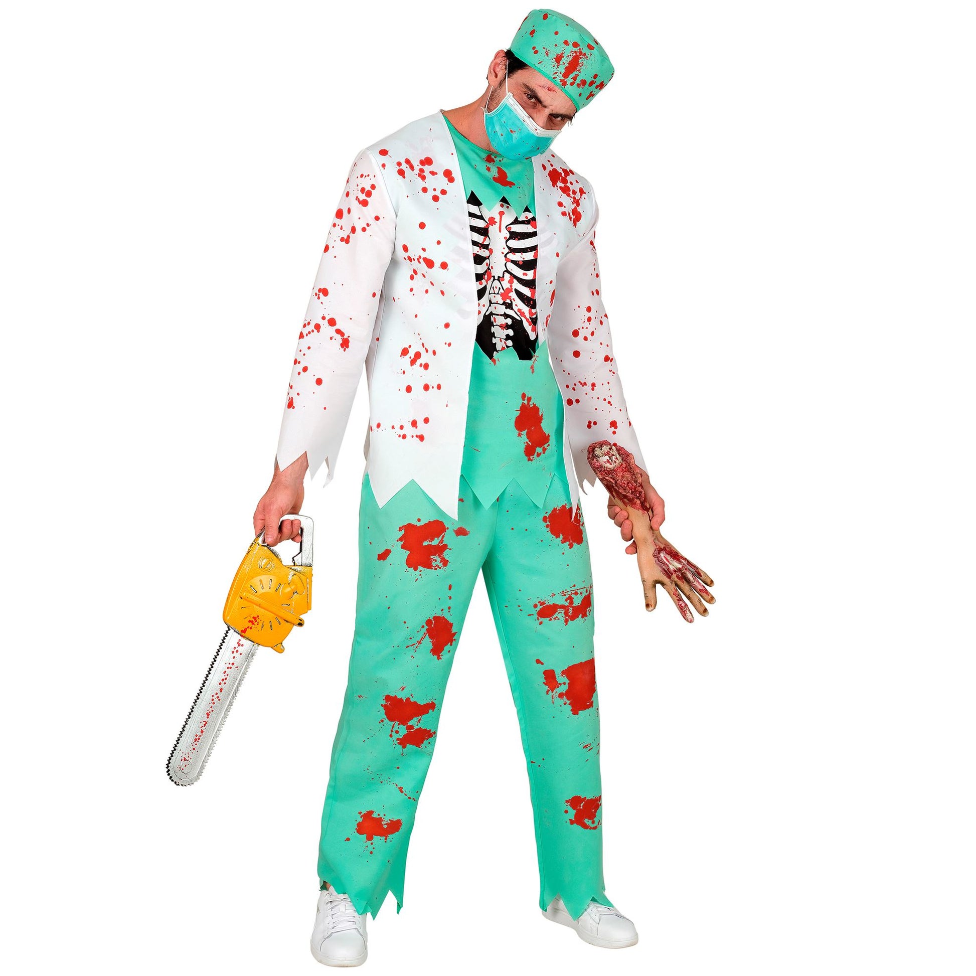 "ZOMBIE DOKTOR" (Oberteil mit Rippenknochen, Hose, Kopfbedeckung, Maske) – Vorderansicht