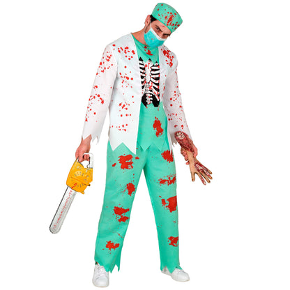 "ZOMBIE DOKTOR" (Oberteil mit Rippenknochen, Hose, Kopfbedeckung, Maske) – Vorderansicht